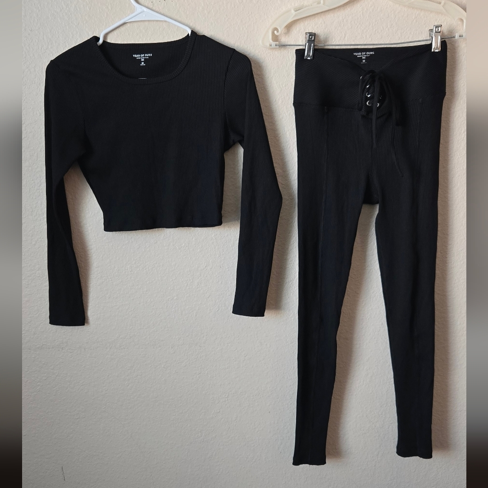 Year of Ours Black High-Waist Ribbed Lace-Up Leggings & Long Sleeve Top S M #87 - Picture 5 of 14